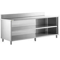 Regency 24" x 96" 16 Gauge Type 304 Stainless Steel Enclosed Base Open Front Table with Adjustable Midshelf and 6" Backsplash