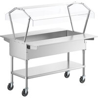 ServIt CFT4KTS Stainless Steel 4 Pan Ice-Cooled Food Table with 2-Sided Sneeze Guard, Side Trays, and 5" Casters