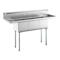 Steelton 66" 18 Gauge Stainless Steel Three Compartment Sink with 2 Drainboards - 14" x 16" x 12" Bowls