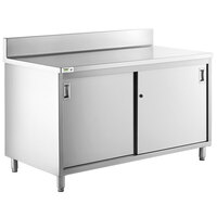 Regency 30" x 60" 16 Gauge Type 304 Stainless Steel Enclosed Base Sliding Door Table with Adjustable Midshelf and 6" Backsplash