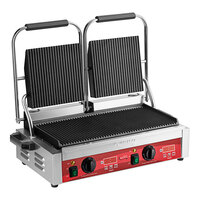 Avantco PG400T Commercial Dual Panini Sandwich Grill with Timer, Grooved Plates, and 19 5/8" x 9 1/8" Cooking Surface - 120V, 3500W