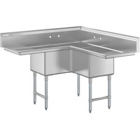 Steelton 57" 18-Gauge Stainless Steel 3-Compartment Commercial Corner Sink with 2 Drainboards - 18" x 18" x 12" Bowls