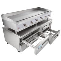 Cooking Performance Group 72GTRBNL 72" Gas Countertop Griddle with Thermostatic Controls and 72", 4 Drawer Refrigerated Chef Base - 180,000 BTU