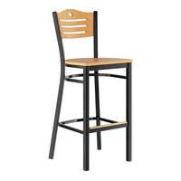 Lancaster Table & Seating Black Finish Side Bar Stool with Natural Wood Seat and Back - Assembled