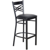 Lancaster Table & Seating Black Finish Cross Back Bar Stool with 2 1/2" Black Vinyl Padded Seat - Assembled