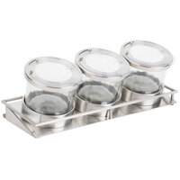 Cal-Mil 1850-5-55NL Mixology Stainless Steel 3 Jar Horizontal Display with 32 oz. Jars, Notched Lids, and Cooling Pucks - 16 1/2" x 6" x 6 3/4"