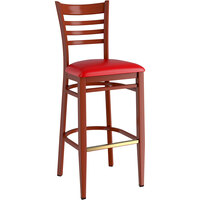 Lancaster Table & Seating Spartan Metal Ladder Back Bar Stool with Mahogany Wood Grain Finish and Red Vinyl Seat - Assembled