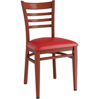 Lancaster Table & Seating Spartan Metal Ladder Back Chair with Mahogany Wood Grain Finish and Red Vinyl Seat - Assembled