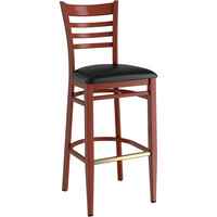 Lancaster Table & Seating Spartan Series Metal Ladder Back Bar Stool with Mahogany Wood Grain Finish and Black Vinyl Seat