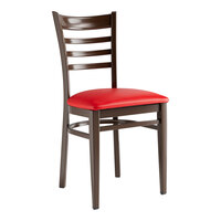 Lancaster Table & Seating Spartan Series Metal Ladder Back Chair with Dark Walnut Wood Grain Finish and Red Vinyl Seat - Assembled