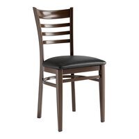 Lancaster Table & Seating Spartan Metal Ladder Back Chair with Dark Walnut Wood Grain Finish and Black Vinyl Seat - Assembled