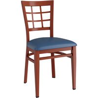 Lancaster Table & Seating Spartan Series Metal Window Back Chair with Mahogany Wood Grain Finish and Navy Vinyl Seat - Assembled