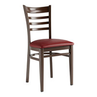 Lancaster Table & Seating Spartan Series Metal Ladder Back Chair with Dark Walnut Wood Grain Finish and Burgundy Vinyl Seat - Assembled