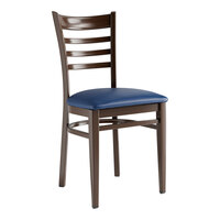 Lancaster Table & Seating Spartan Series Metal Ladder Back Chair with Dark Walnut Wood Grain Finish and Navy Vinyl Seat