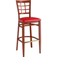 Lancaster Table & Seating Spartan Series Metal Window Back Bar Stool with Mahogany Wood Grain Finish and Red Vinyl Seat