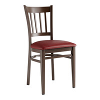 Lancaster Table & Seating Spartan Series Metal Slat Back Chair with Dark Walnut Wood Grain Finish and Burgundy Vinyl Seat - Assembled