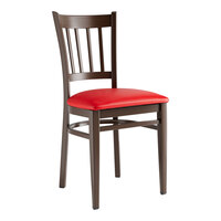 Lancaster Table & Seating Spartan Series Metal Slat Back Chair with Dark Walnut Wood Grain Finish and Red Vinyl Seat - Assembled