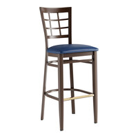 Lancaster Table & Seating Spartan Series Metal Window Back Bar Stool with Dark Walnut Wood Grain Finish and Navy Vinyl Seat - Assembled