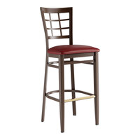 Lancaster Table & Seating Spartan Series Metal Window Back Bar Stool with Dark Walnut Wood Grain Finish and Burgundy Vinyl Seat - Assembled