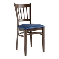 Lancaster Table & Seating Spartan Series Metal Slat Back Chair with Dark Walnut Wood Grain Finish and Navy Vinyl Seat - Assembled