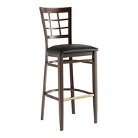 Lancaster Table & Seating Spartan Series Metal Window Back Bar Stool with Dark Walnut Wood Grain Finish and Black Vinyl Seat - Assembled