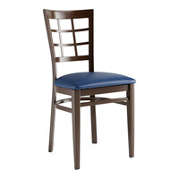 Lancaster Table & Seating Spartan Series Metal Window Back Chair with Dark Walnut Wood Grain Finish and Navy Vinyl Seat - Assembled