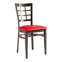 Lancaster Table & Seating Spartan Series Metal Window Back Chair with Dark Walnut Wood Grain Finish and Red Vinyl Seat - Assembled