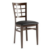 Lancaster Table & Seating Spartan Series Metal Window Back Chair with Dark Walnut Wood Grain Finish and Black Vinyl Seat - Assembled