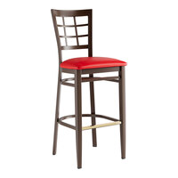 Lancaster Table & Seating Spartan Series Metal Window Back Bar Stool with Dark Walnut Wood Grain Finish and Red Vinyl Seat - Assembled