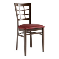 Lancaster Table & Seating Spartan Series Metal Window Back Chair with Dark Walnut Wood Grain Finish and Burgundy Vinyl Seat - Assembled