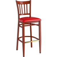 Lancaster Table & Seating Spartan Series Metal Slat Back Bar Stool with Mahogany Wood Grain Finish and Red Vinyl Seat - Detached Seat