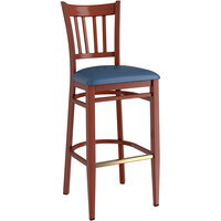 Lancaster Table & Seating Spartan Series Metal Slat Back Bar Stool with Mahogany Wood Grain Finish and Navy Vinyl Seat