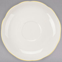 CAC 4 1/2" Ivory (American White) Scalloped Edge China Saucer with Gold Band - 36/Case