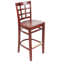 Lancaster Table & Seating Mahogany Finish Wood Window Back Bar Stool with Mahogany Wood Seat - Assembled