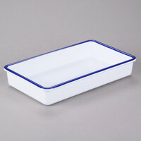 Cal-Mil 3470-15 Enamelware 12" x 7" x 2" White Deep Melamine Serving Tray with Blue Rim