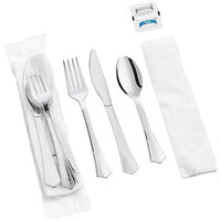 Visions Individually Wrapped Silver Heavy Weight Plastic Cutlery Set with Napkin and Salt and Pepper Packets - 25/Pack