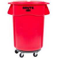 Rubbermaid BRUTE 44 Gallon Red Round Trash Can with Lid and Dolly