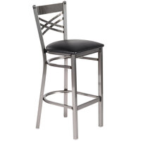 Lancaster Table & Seating Clear Coat Finish Cross Back Bar Stool with 2 1/2" Black Vinyl Padded Seat - Assembled