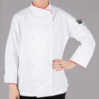 Mercer Culinary Renaissance® Women's Lightweight White Executive Customizable Chef Jacket with Red Piping M62045WR - L