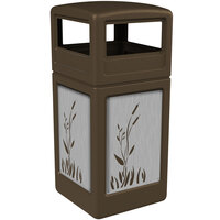 Commercial Zone 732996299 42 Gallon Brown Square Trash Receptacle with Stainless Steel Cattail Panels and Dome Lid