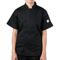 Mercer Culinary Genesis® Women's Black Customizable Short Sleeve Chef Jacket with Cloth Knot Buttons M61042BK - XS