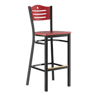 Lancaster Table & Seating Black Finish Side Bar Stool with Mahogany Wood Seat and Back - Assembled