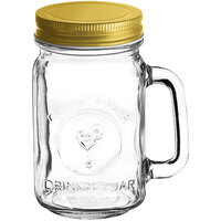 Acopa Rustic Charm 16 oz. County Fair Drinking Jar / Mason Jar with Handle and Gold Metal Lid - 12/Case