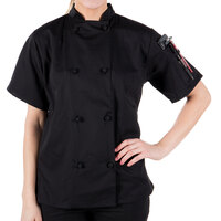Mercer Culinary Millennia® Women's Black Short Sleeve Cook Jacket with Cloth Knot Buttons M60024BK - XXS