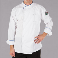 Mercer Culinary Renaissance® Unisex Lightweight White Executive Customizable Long Sleeve Chef Jacket with Royal Blue Piping M62020WRB - 2X