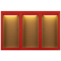 Aarco DCC4872-3RIR 48" x 72" Enclosed Hinged Locking 3 Door Powder Coated Red Finish Indoor Lighted Bulletin Board Cabinet