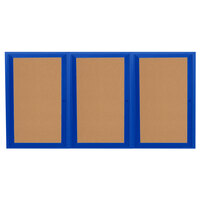 Aarco Enclosed Hinged Locking 3 Door Powder Coated Blue Finish Indoor Bulletin Board Cabinet