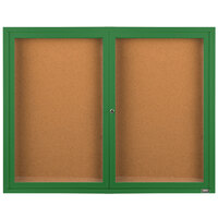 Aarco Enclosed Hinged Locking 2 Door Powder Coated Green Finish Indoor Bulletin Board Cabinet