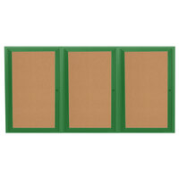 Aarco Enclosed Hinged Locking 3 Door Powder Coated Green Finish Indoor Bulletin Board Cabinet