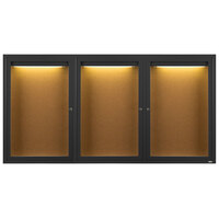 Aarco DCC4896-3RIBK 48" x 96" Enclosed Hinged Locking 3 Door Powder Coated Black Finish Indoor Lighted Bulletin Board Cabinet
